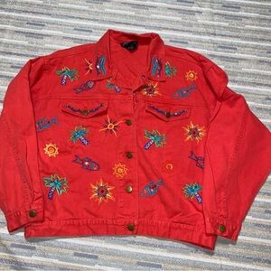 Carole Little Vintage‎ Red Tropical Embroidered Jean Jacket Size 8